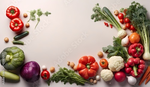 Generative AI  Frame made of fruits and vegetables on white background, copy space, selective focus, flat lay, close-up Assortment of fresh organic farmer market vegetables

