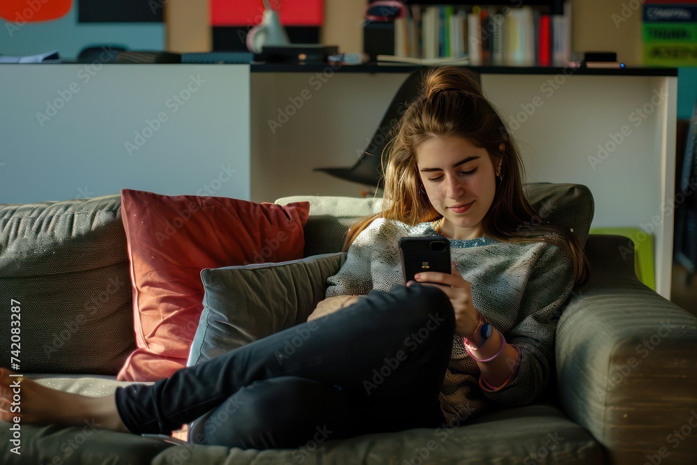 young woman is relaxing in the couch in modern office while looking at her smart phone, in the style socially engaged work young woman is relaxing in the couch in modern office while looking at her smart phone, in the style socially engaged work
