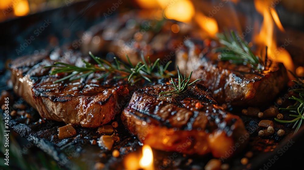 Beef steaks on the grill. Created with Generative AI. Beef steaks on the grill. Created with Generative AI.