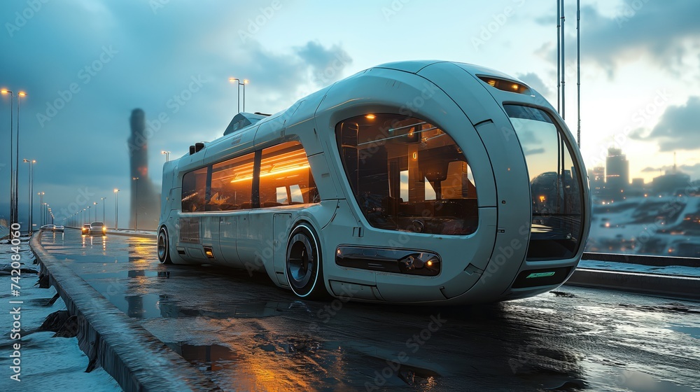 	
futuristic self-driving electric bus high technology. Created with generative AI.	