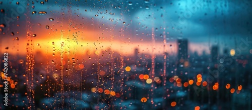 macro of water drops on window glass view with city skyline background
