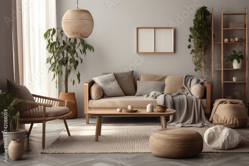 modern living room in the Scandinavian design with a beige sofa and a plant