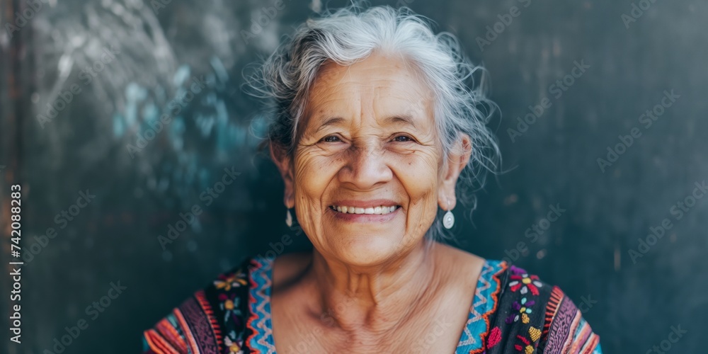 Portrait of a senior Latin woman with a warm smile, her face adorned with motifs inspired by indigenous Latin American art, capturing the essence of her ancestral wisdom