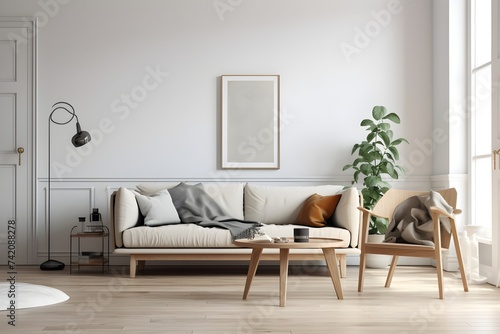 A living room in the Scandinavian design with white walls, a hardwood floor, and a mock-up couch
