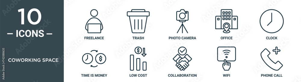 coworking space outline icon set includes thin line freelance, trash ...