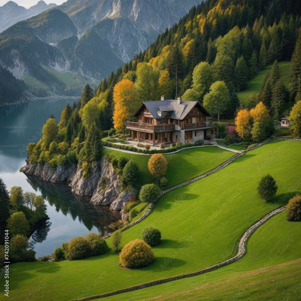 Amidst a stunning highland landscape, a charming house perched on a grassy hill overlooks a tranquil lake and is embraced by vibrant autumn trees - obrazy, fototapety, plakaty 