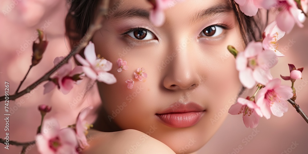 Portrait of an Asian young woman with cherry blossoms adorning her face, capturing the delicate beauty of nature in an exquisite blend of tradition and modernity