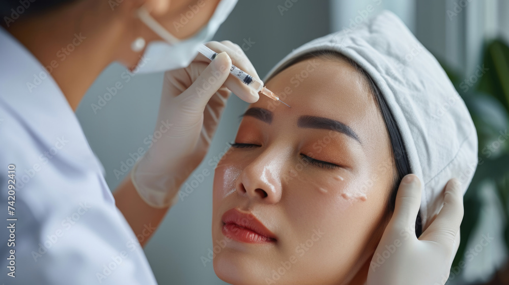 Professional aesthetic procedure cosmetic, neurotoxin dermal fille injection to a young woman face, modern dermatology clinic, nature of beauty, medical aesthetics, skincare, medical beauty treatments