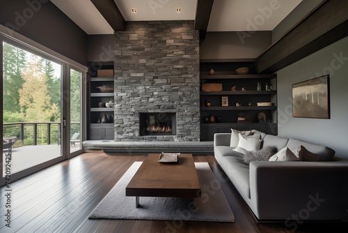 Living room interior in gray and brown colors features gray sofa atop dark hardwood floors facing stone fireplace with built in shelves © Pablo