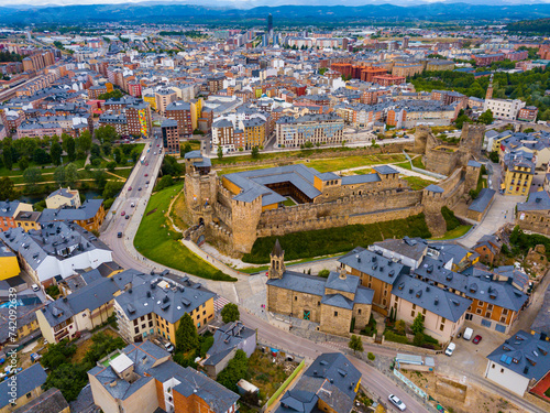Aerial view of Ponferrada with Templar castle, province of Leon, Spain
