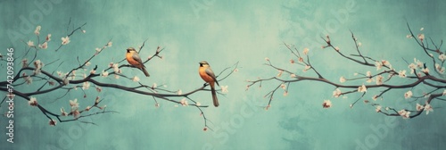 Vintage photo wallpaper with branches and birds on Cyan background © Celina