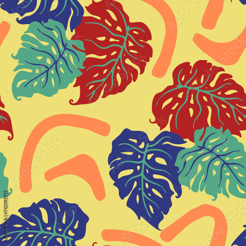 Monstera leaves decorative seamless vector pattern for textile design, fabric print, digital or wrapping paper, wallpaper, background and backdrop, decoration. Tropical summer holiday theme. photo