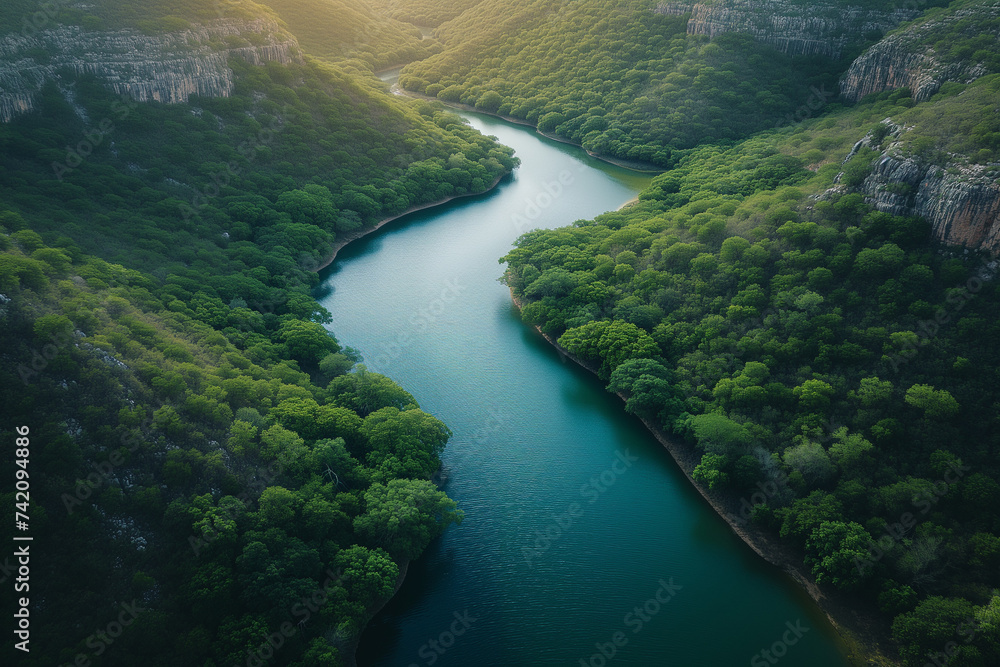 An aerial view of a serene turquoise river winding through a lush gorge with dense greenery and rocky cliffs, encapsulating the tranquil beauty and untouched wilderness.