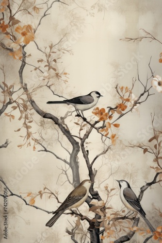 Vintage photo wallpaper with branches and birds on Khaki background