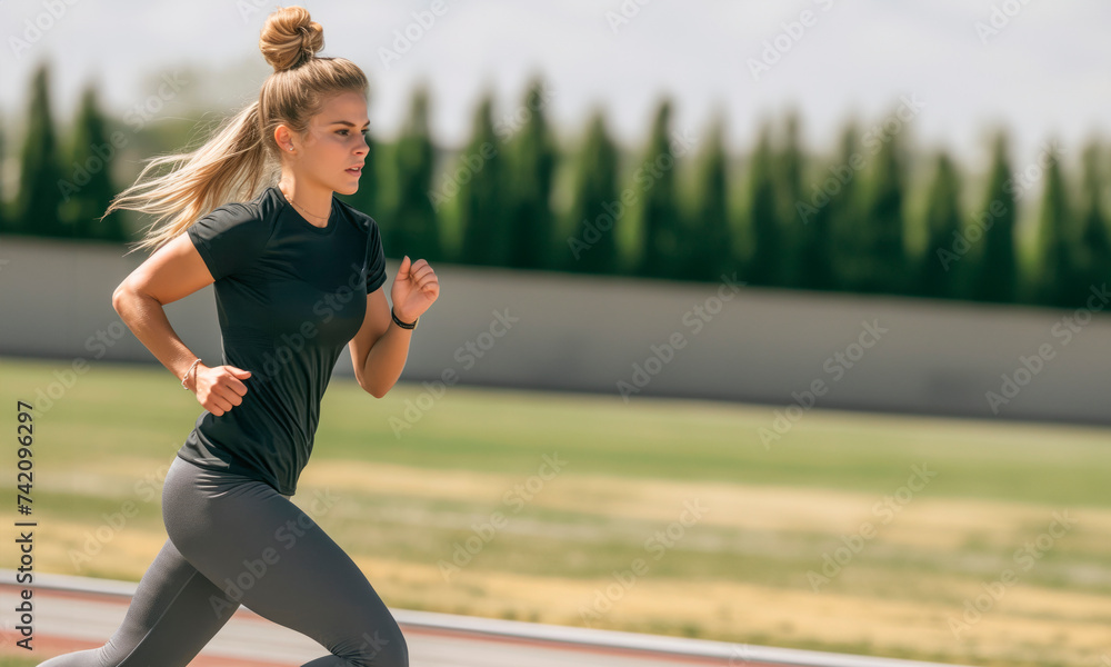 Sprinting Elegance: A captivating scene unfolds as a blonde woman, hair in a bun, sprints fast on a track field. With exquisite detail, her determined expression and long legs create a visual ode to a