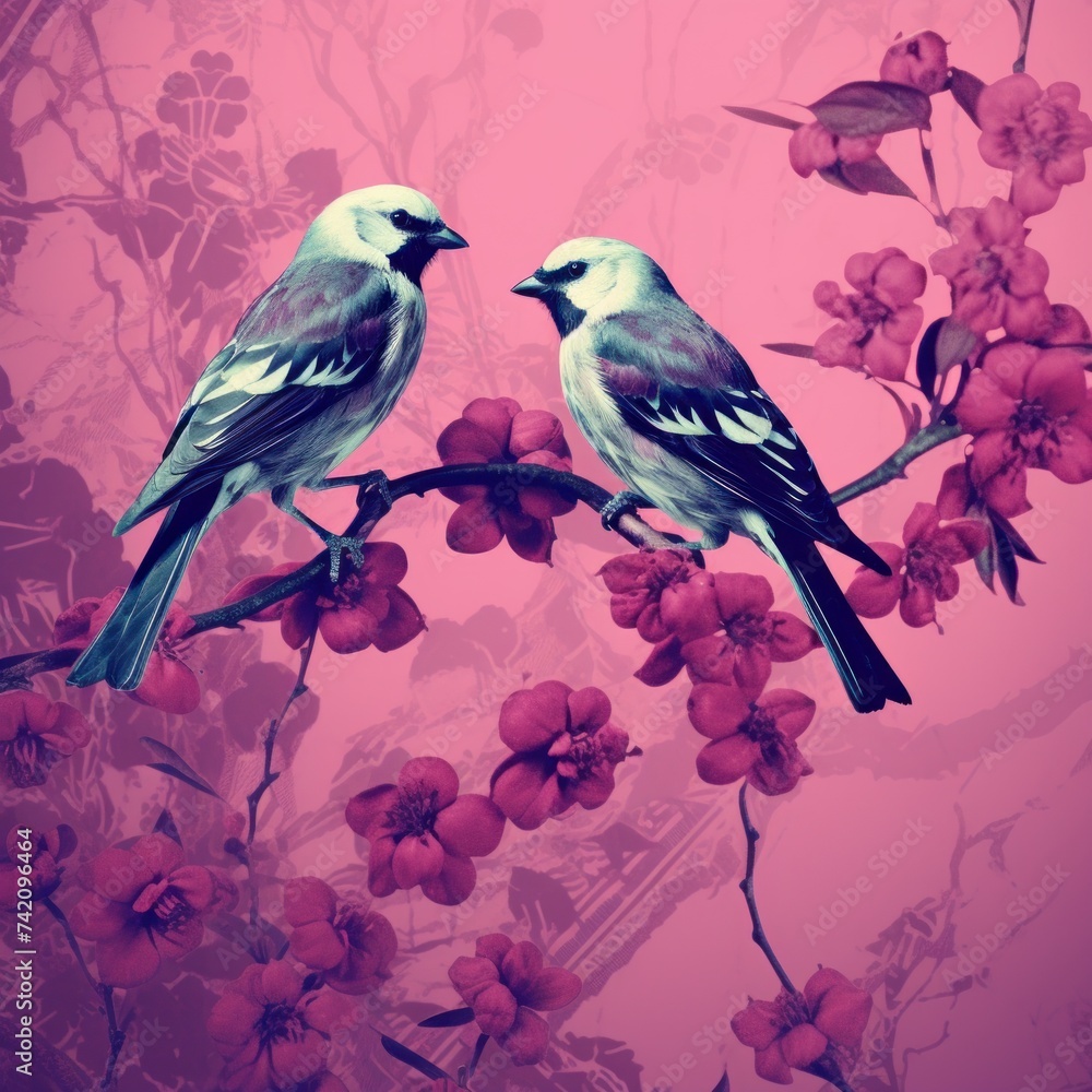 Vintage photo wallpaper with branches and birds on Magenta background