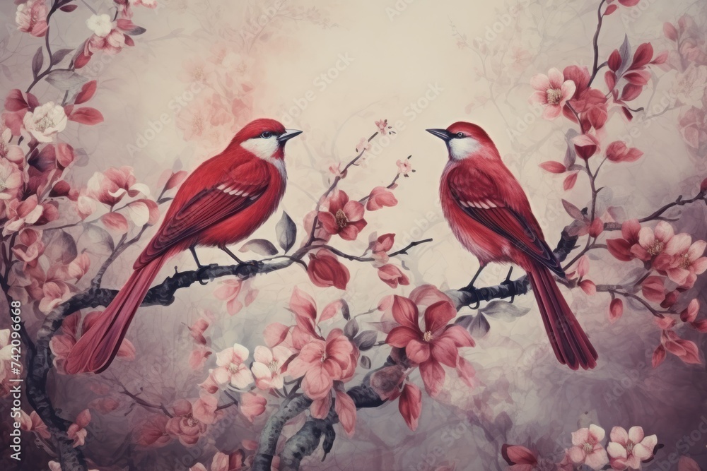 Vintage photo wallpaper with branches and birds on Maroon background