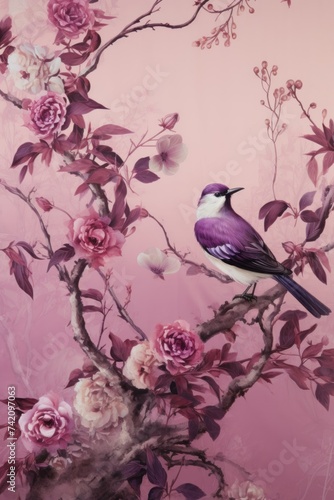 Vintage photo wallpaper with branches and birds on Mauve background
