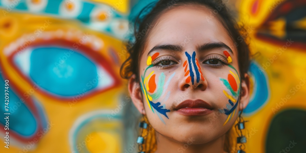 Portrait of a Latin young woman with bold colors and patterns adorning her face, reflecting the vibrancy and passion of Latin American culture