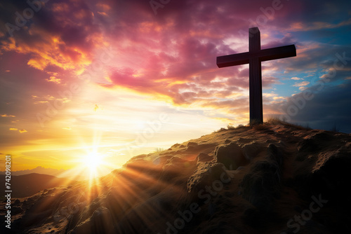 Jesus cross on Calvary Hill Dramatic Sunset at Golgotha © Dmitry Rukhlenko