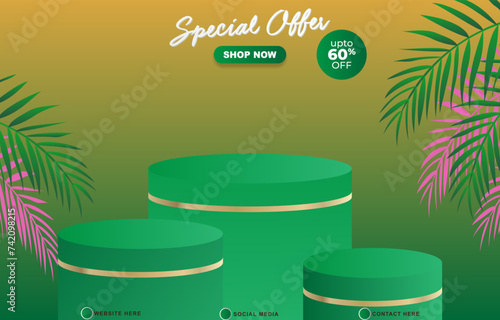 special offer sale discount template banner with copy space 3d podium for product sale with abstract gradient green and orange background design