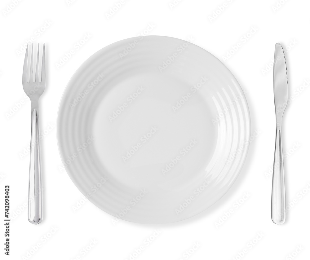 Clean plate, fork and knife on white background, top view Clean plate, fork and knife on white background, top view