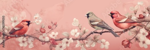 Vintage photo wallpaper with branches and birds on Rose background photo