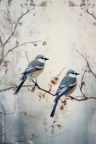 Vintage photo wallpaper with branches and birds on Silver background