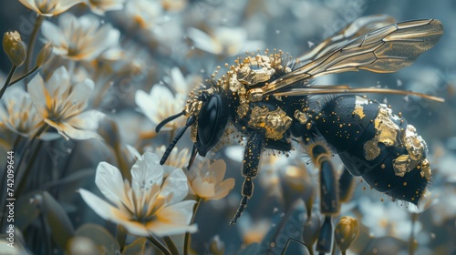 Cybernetic bees with gold plating pollinating engineered flowers in an avant garde art installation © chayantorn