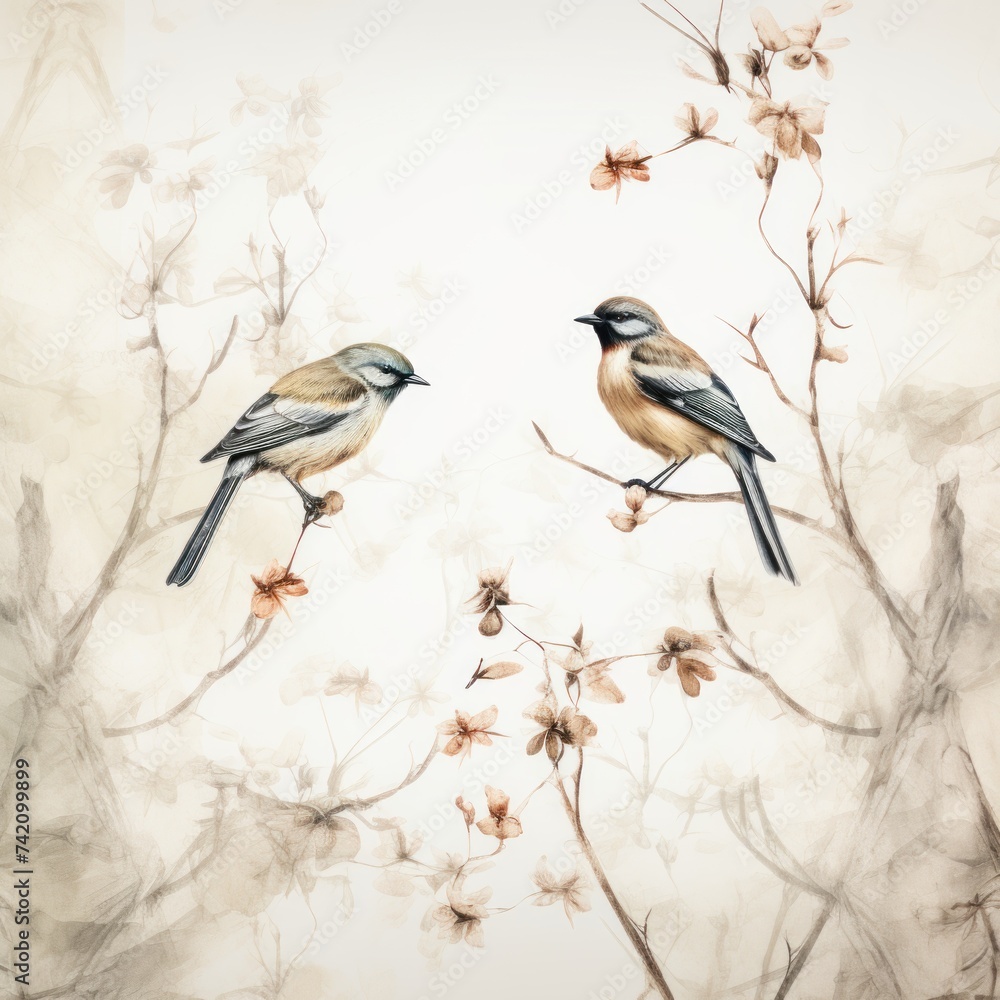 Vintage photo wallpaper with branches and birds on White background