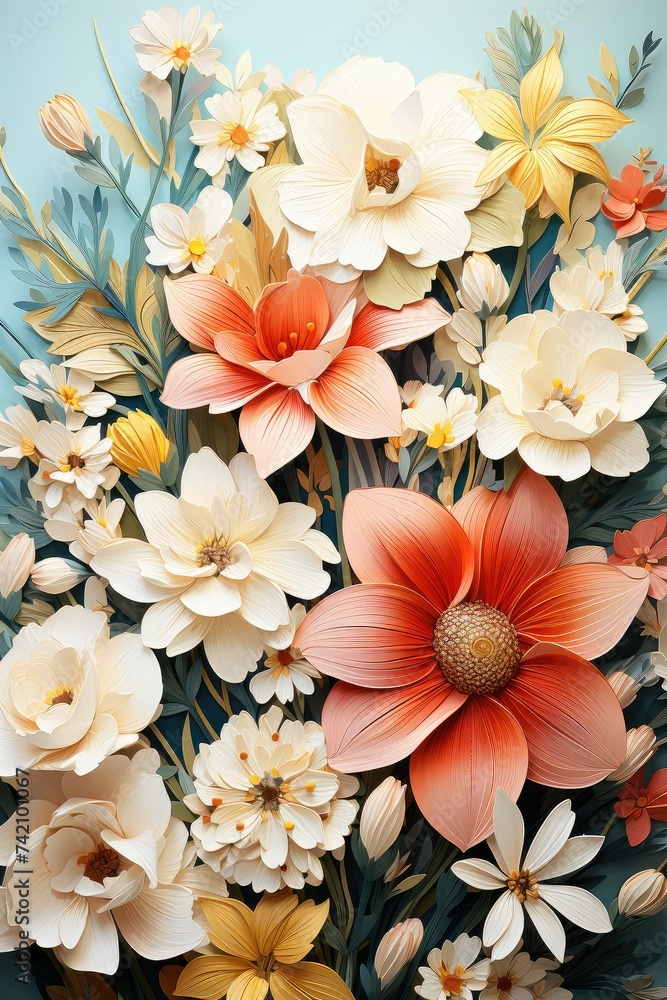 a close up of a painting of flowers on a blue background