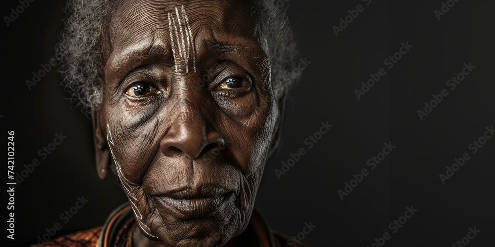 Portrait of a senior African woman with graceful features, her face adorned with symbols of resilience and strength, reflecting a lifetime of wisdom and experience