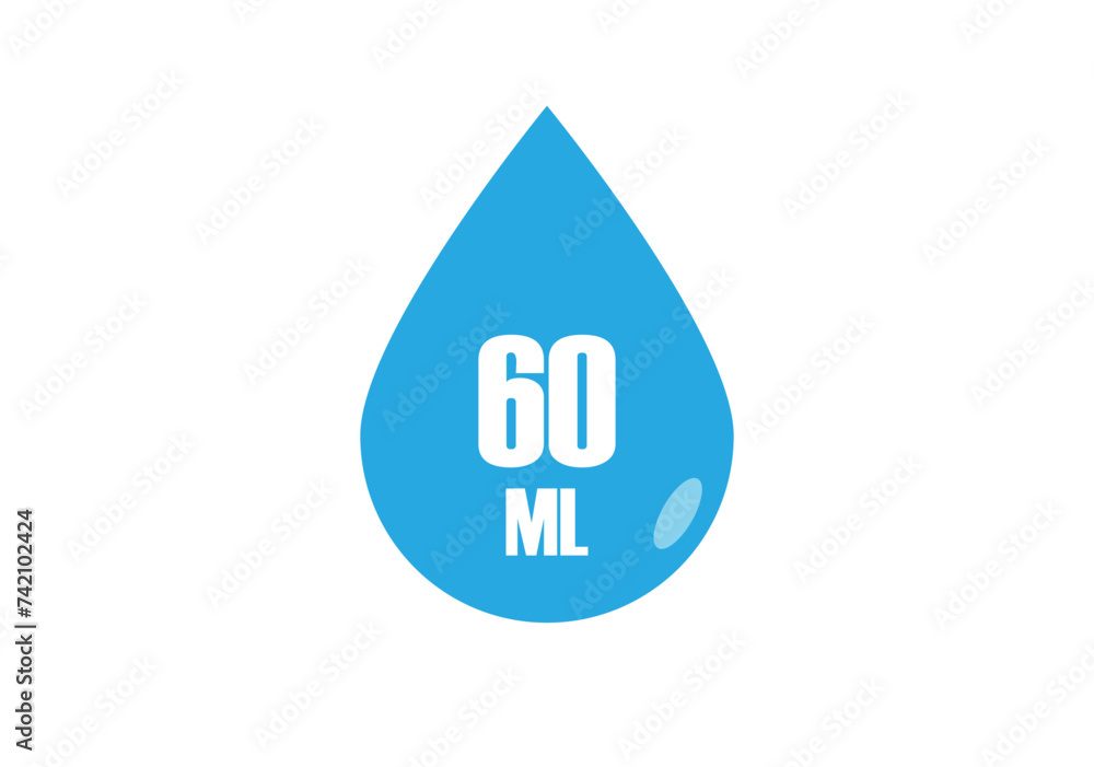 60 ml. Vector volume of 60 milliliters. Liquid drop design isolated on white background 60 ml. Vector volume of 60 milliliters. Liquid drop design isolated on white background