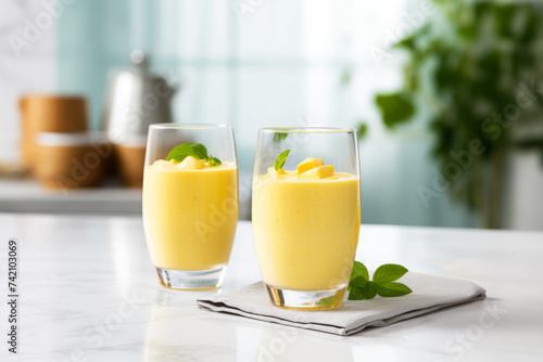 Mango smoothie in glasses in white modern kitchen on the table