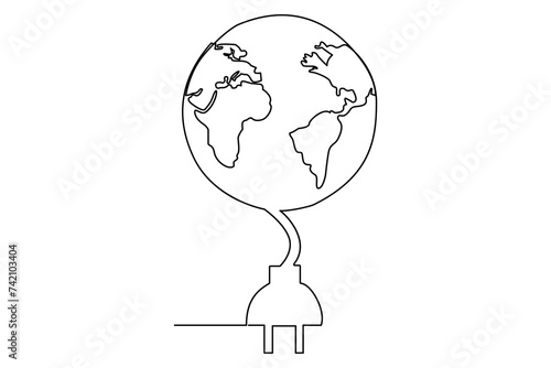 Continuous one line Earth globe inside lightbulb and earth hour outline vector art illustration. Isolated on white background vector illustration Premium vector