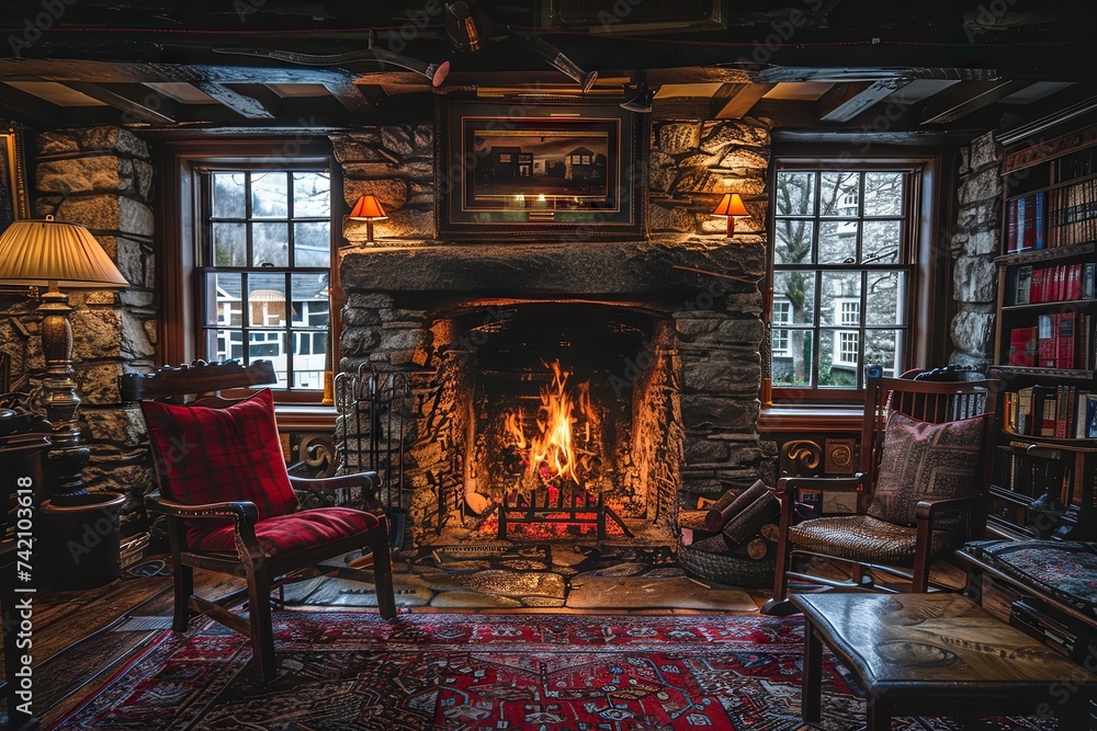 Cozy Fireplace Room with Rustic Stone Walls Cozy Fireplace Room with Rustic Stone Walls