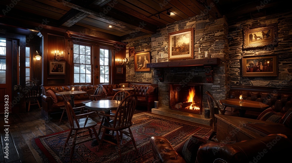 Cozy Fireplace Room with Rustic Stone Walls Cozy Fireplace Room with Rustic Stone Walls