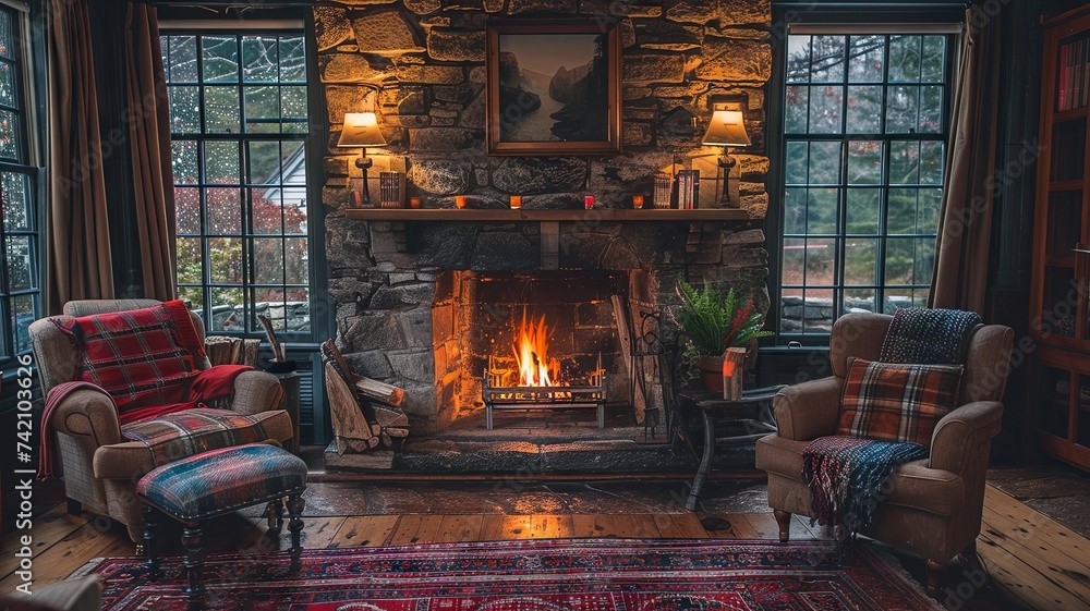 Cozy Fireplace Room with Rustic Stone Walls Cozy Fireplace Room with Rustic Stone Walls