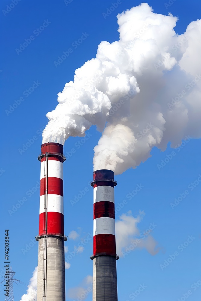 Industrial smokestacks emitting white smoke against a clear blue sky Industrial smokestacks emitting white smoke against a clear blue sky