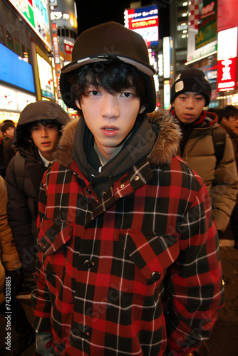 Young asian man with friends in urban night setting