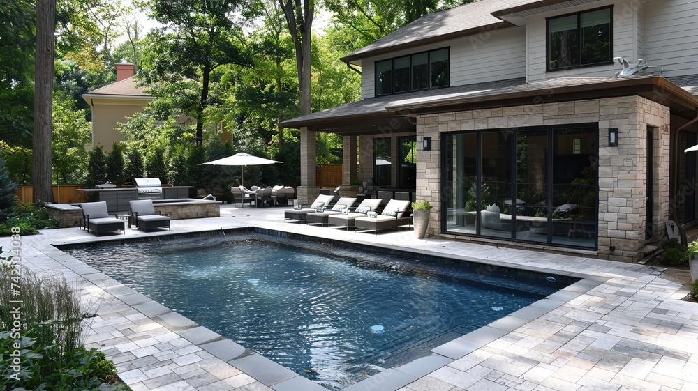 Landscaped Backyard Oasis with Pool and Kitchen