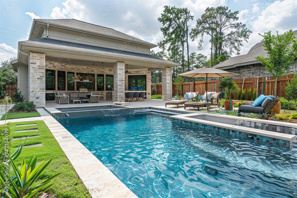 Landscaped Backyard Oasis with Pool and Kitchen

