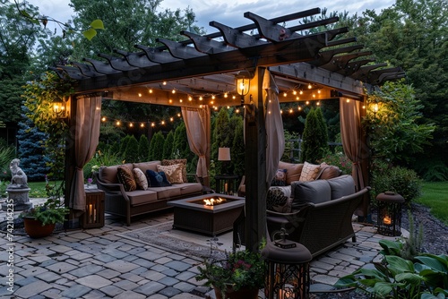 Pergola Oasis with Comfortable Seating and Lighting