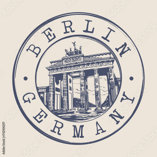 Brandenburg Gate, Berlin, Germany Stamp City Postmark. Silhouette Postal Passport. Round Vector Icon. Vintage Postage Design.