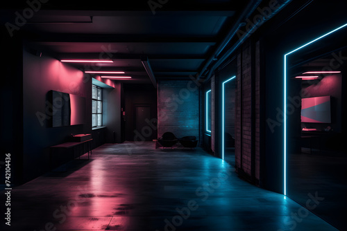 Black walls and an empty room with pink and blue lighting