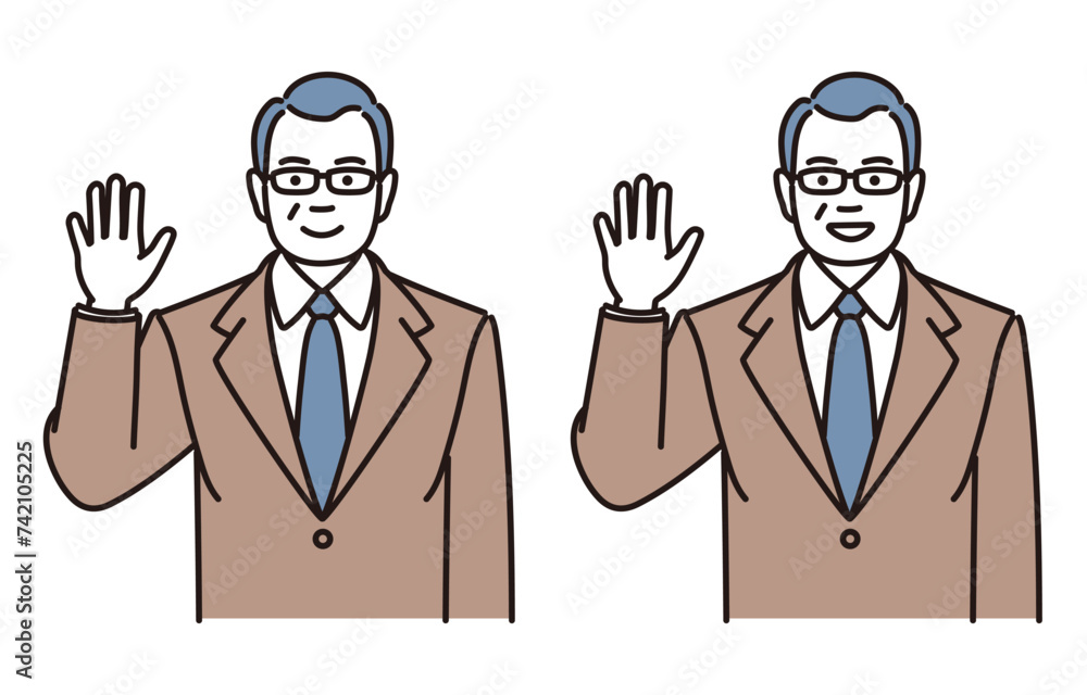 手を挙げる中年ビジネスマンのシンプルイラストセット