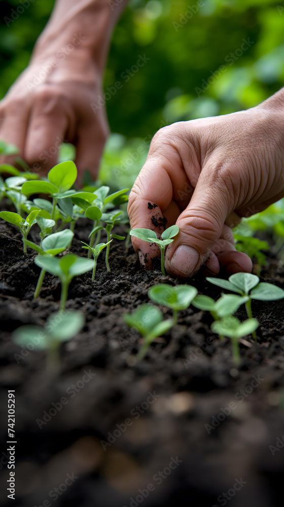 Hands nurturing young plants in fertile soil Hands nurturing young plants in fertile soil