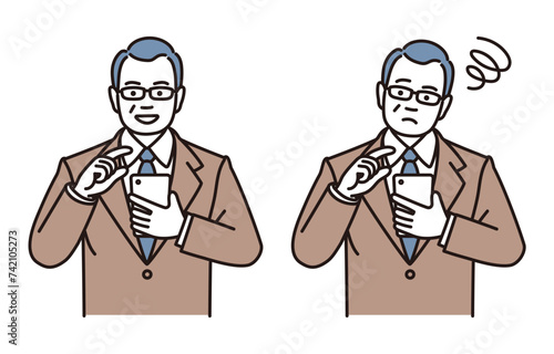 スマホを操作するまたはスマホを見てがっかりする中年ビジネスマンのシンプルイラストセット