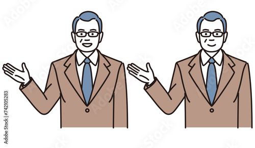 説明をする中年ビジネスマンのシンプルイラストセット