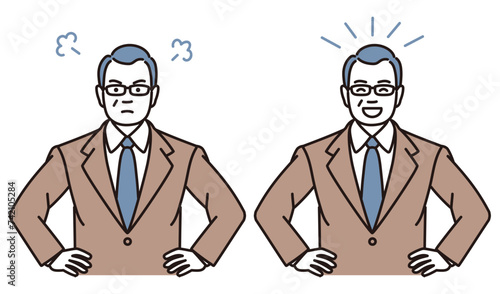 起こっているまたは喜んでいる中年ビジネスマンのシンプルイラストセット